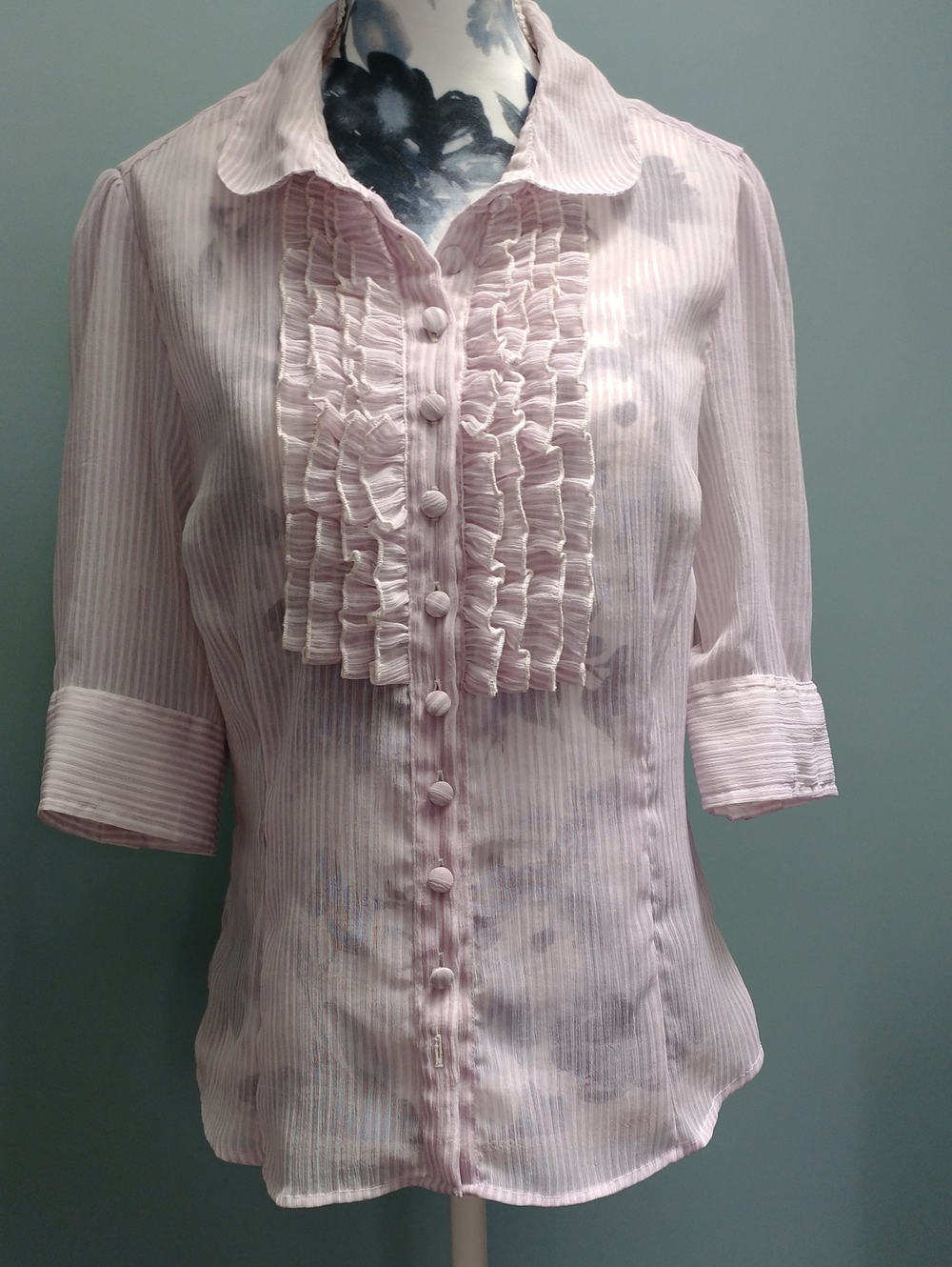 Le Temps des Cerises Lavender & White Striped Ruffled Front Blouse, size S